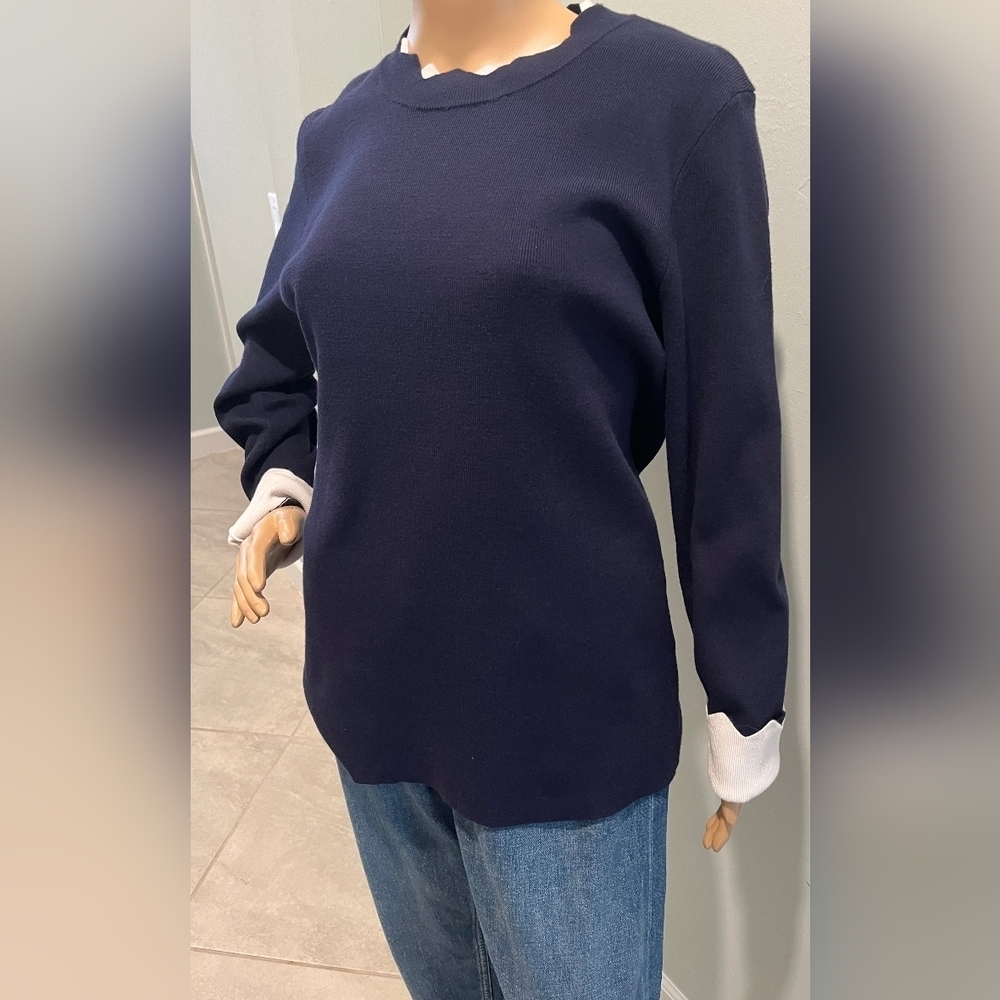 Golbary Navy & White Wave Open Lattice Sweater Knit Tunic Top‎  Size L  N…